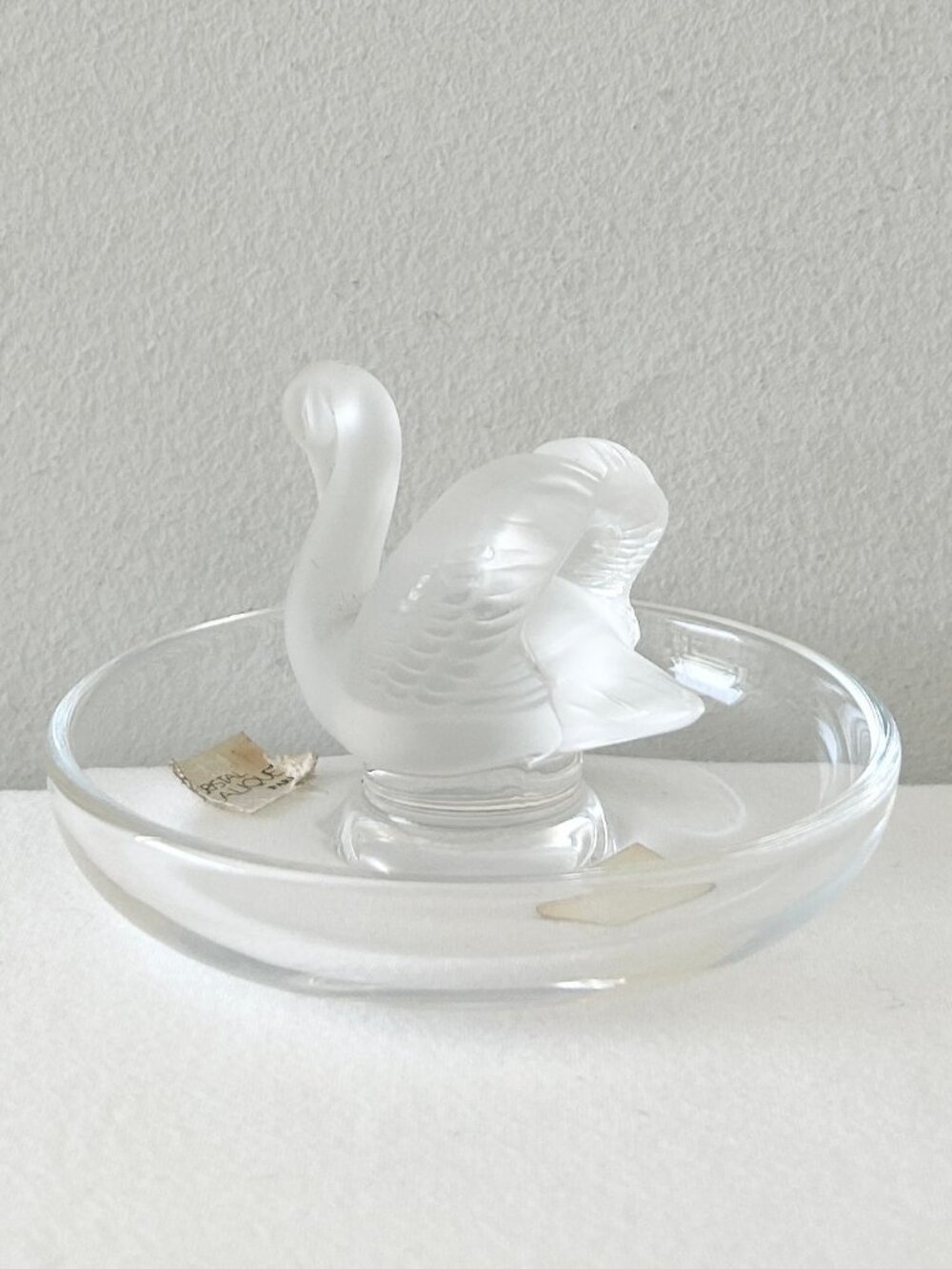 Vintage LALIQUE France Crystal Swan Trinket Dish Ring Holder Signed Frosted Clr